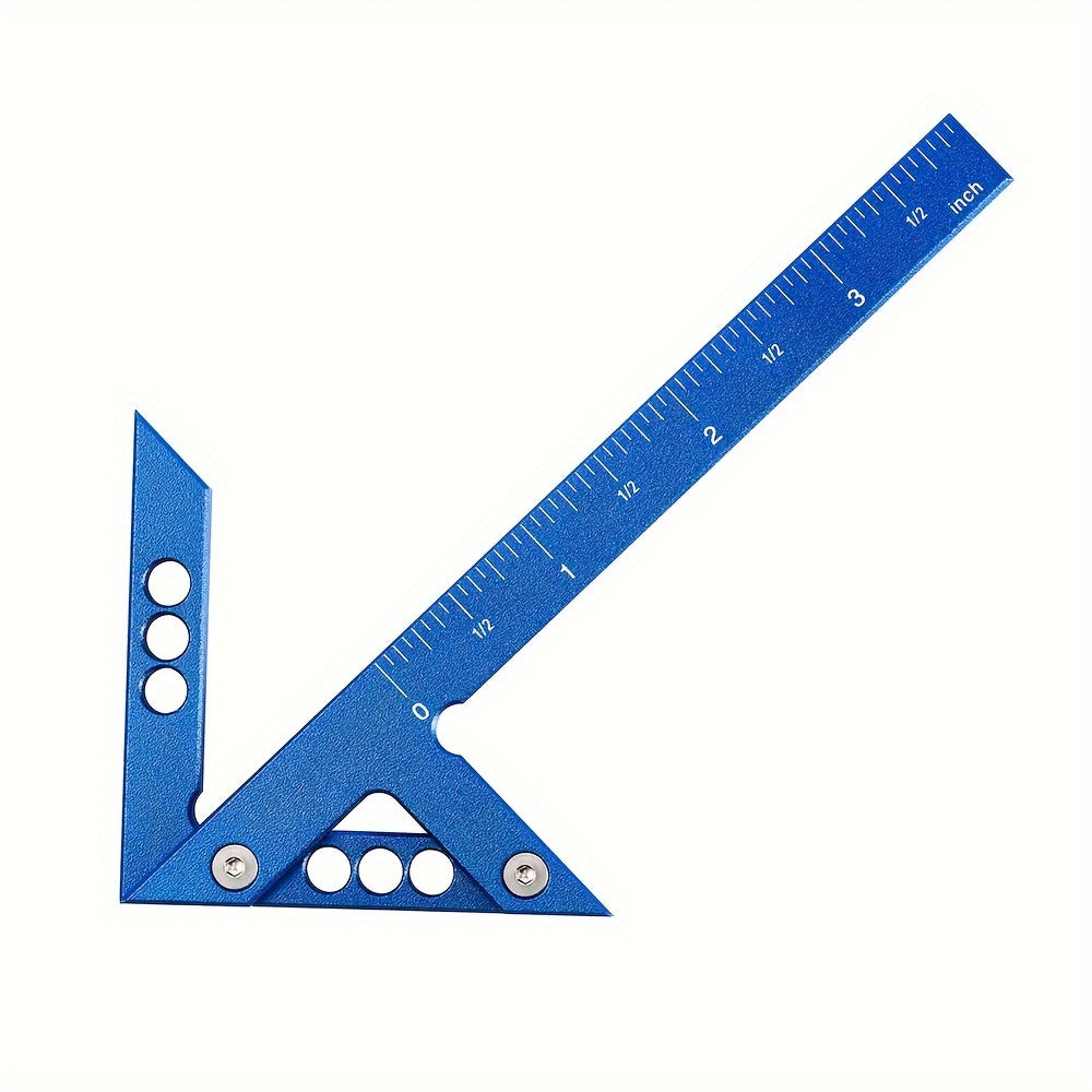 Regla de carpintería de aleación de aluminio azul con centro de marcado y medidas en pulgadas y cm