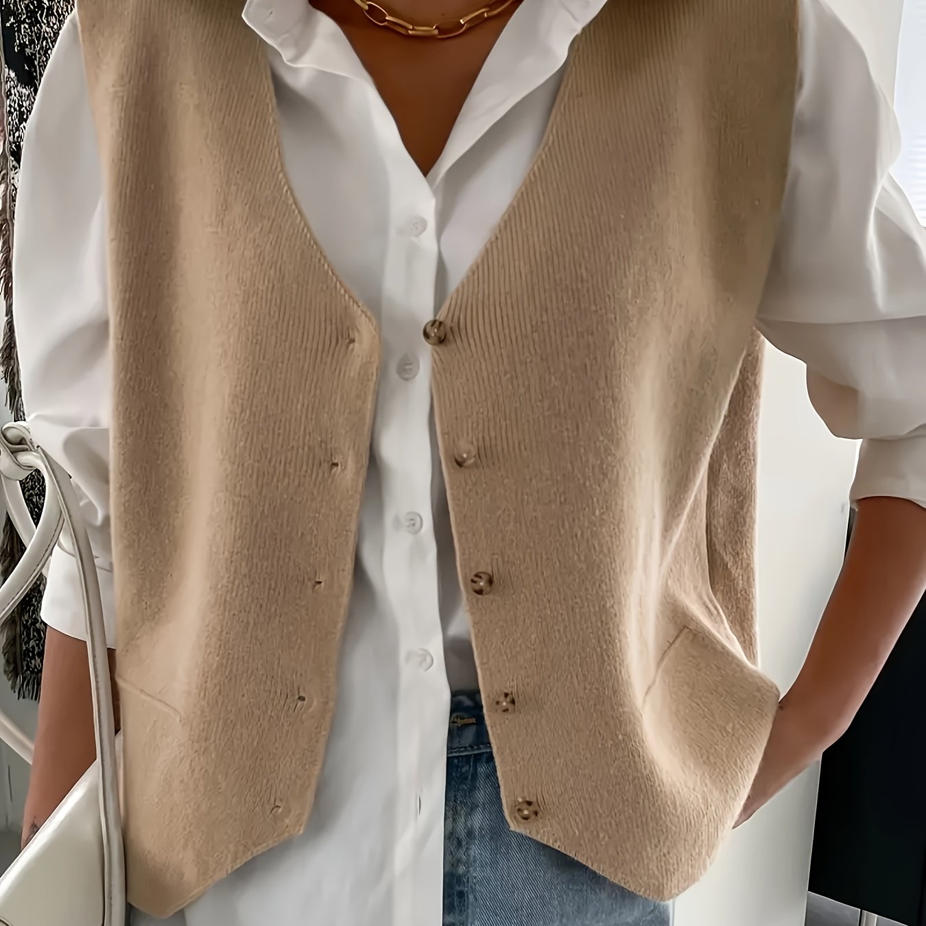 Women V-Neck Knit Cardigan Polyester Solid Color Fall Winter Coat