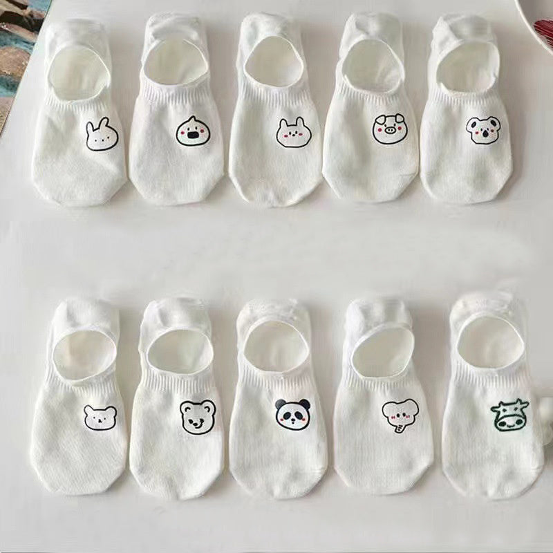 Women's Low-Cut Invisible Socks Set of 10 with Cartoon Designs Non-Slip Short Socks