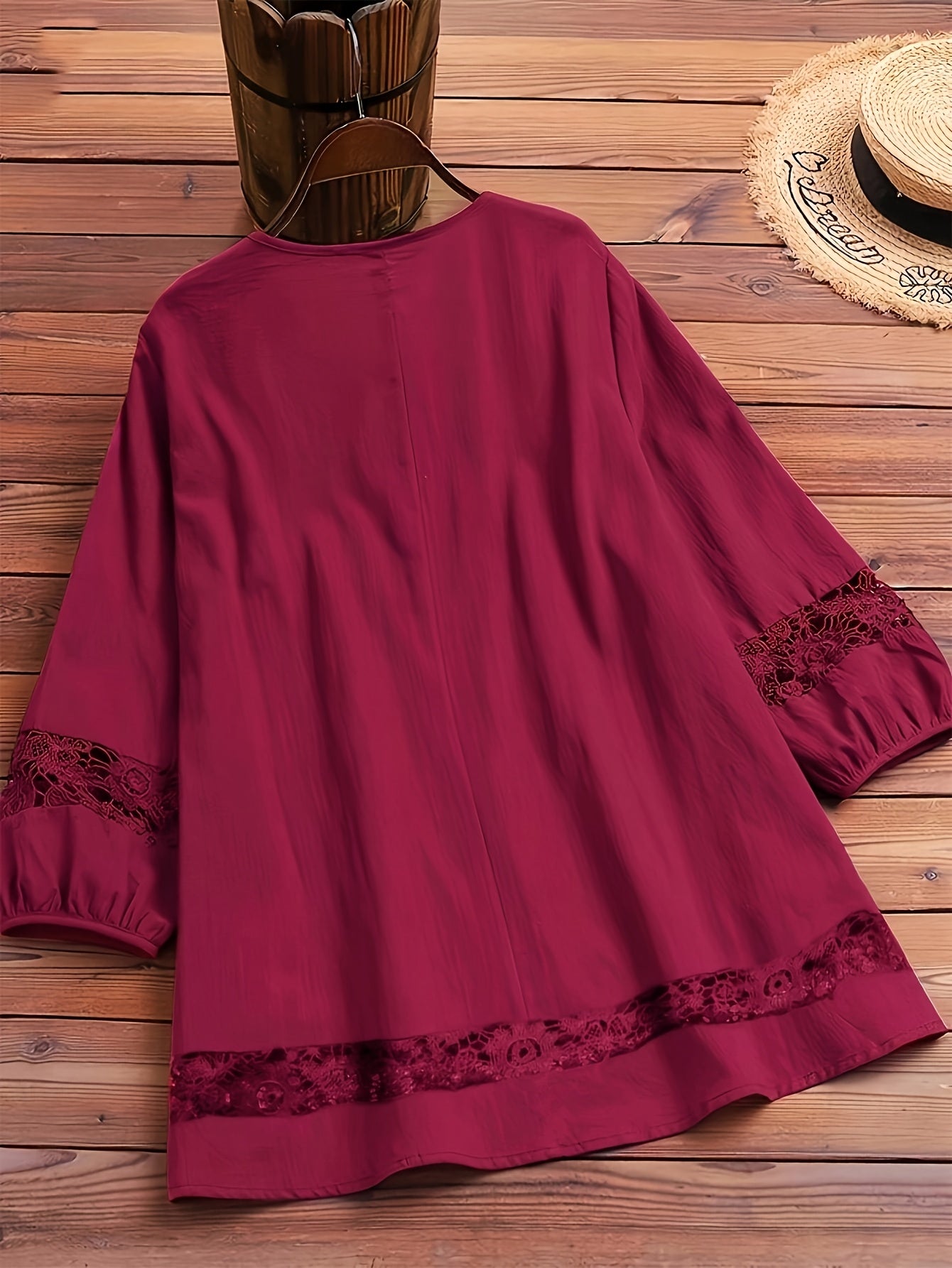 Top de encaje de mezcla de algodón para mujer, cuello redondo, liso, casual, primavera, otoño