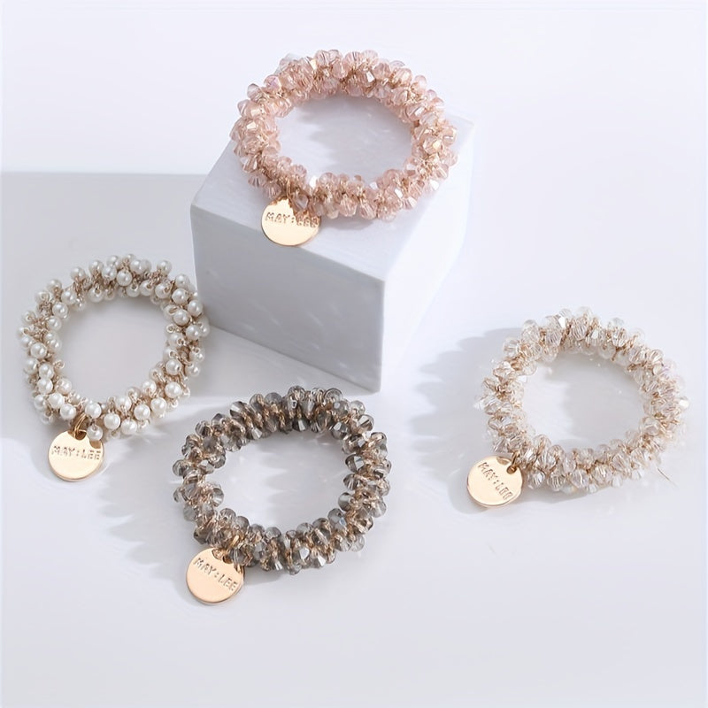 Set of 4 Stylish Faux Pearl Elastic Hair Ties for Women