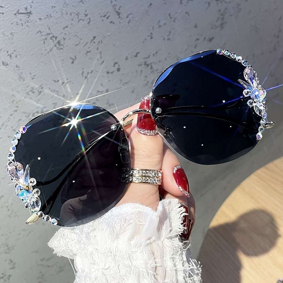 Women’s Frameless Gradient Lens Rhinestone Fashion Glasses with Bent Legs Buy One Get One Free