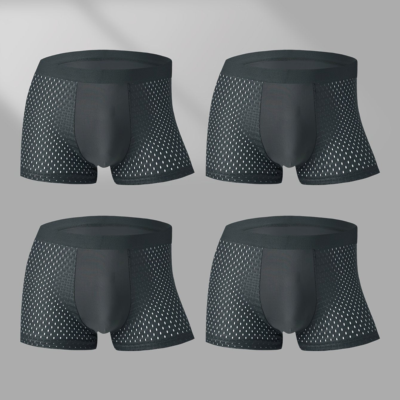 Set de 4 bóxers de malla transpirable para hombre, de color sólido semi-translúcido, con alto contenido de elastano en poliéster