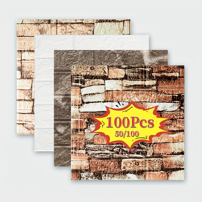 50/100pcs Waterproof Self-Adhesive 3D Brick Foam Wall Stickers for Room Decor