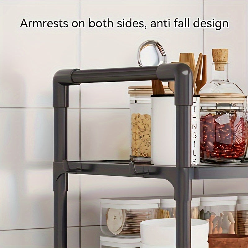 Multi-Tier Kitchen Storage Rack Organizer with Anti-Fall Armrests Microwave Oven Stand Plastic Shelving Unit