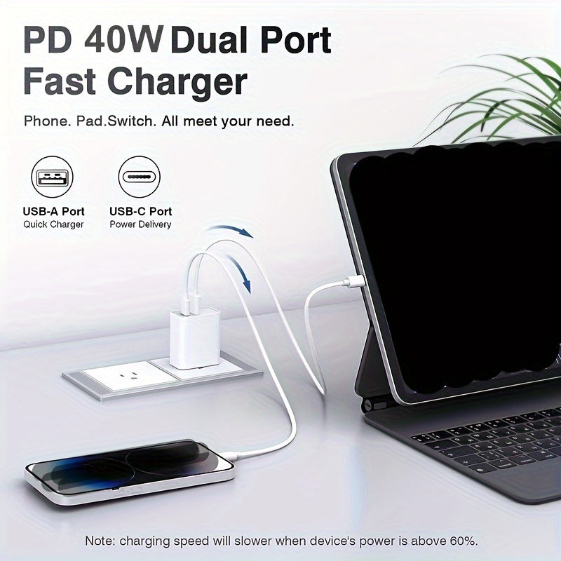 40W USB-C Wall Charger Dual Port Fast Charging Adapter for iPhone iPad Samsung