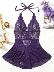 Women's Sheer Lace Bodysuit Open Crotch V-Neck Purple Sleepwear