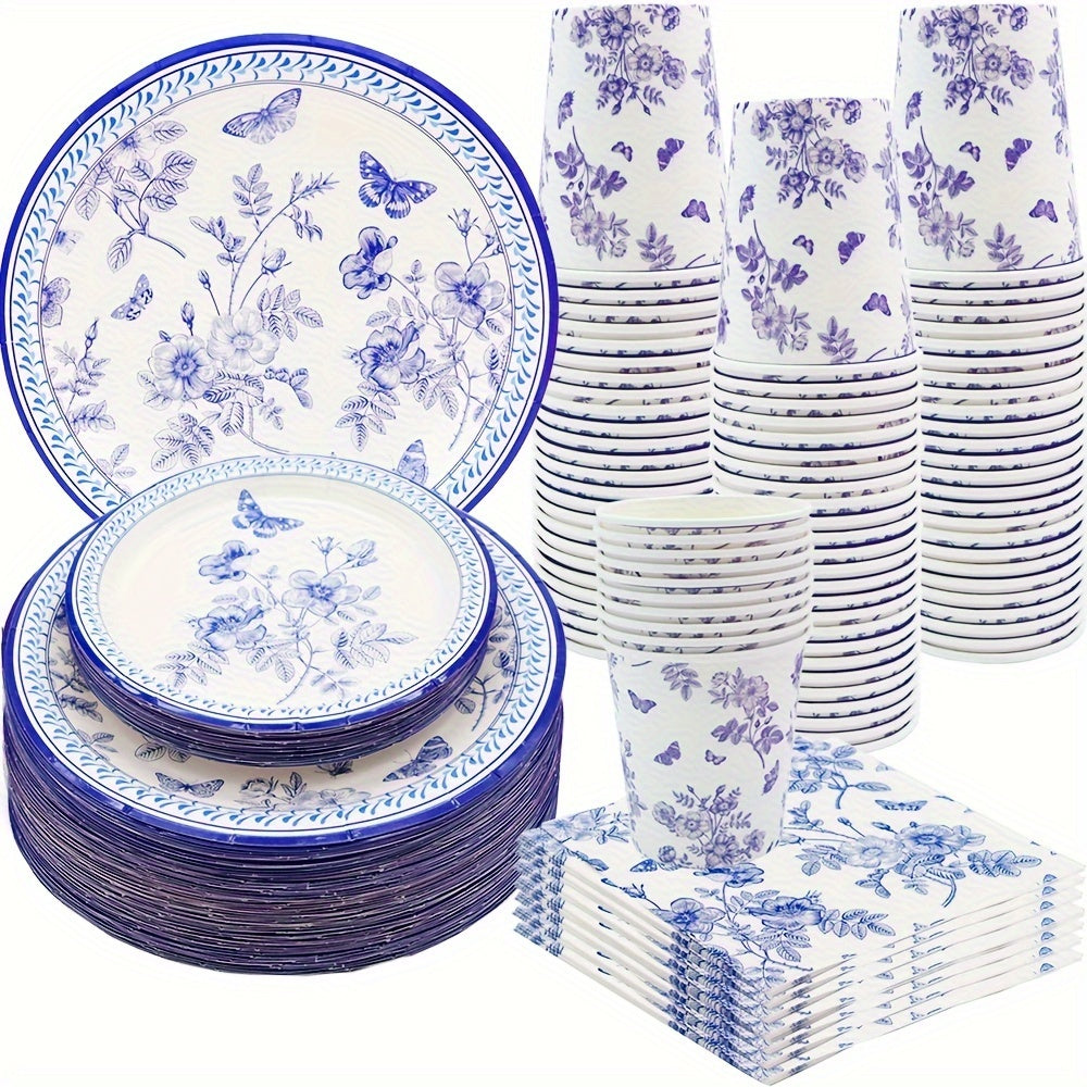 Blue and White Floral Party Supplies Set for Weddings and Events Includes Plates Napkins Cups