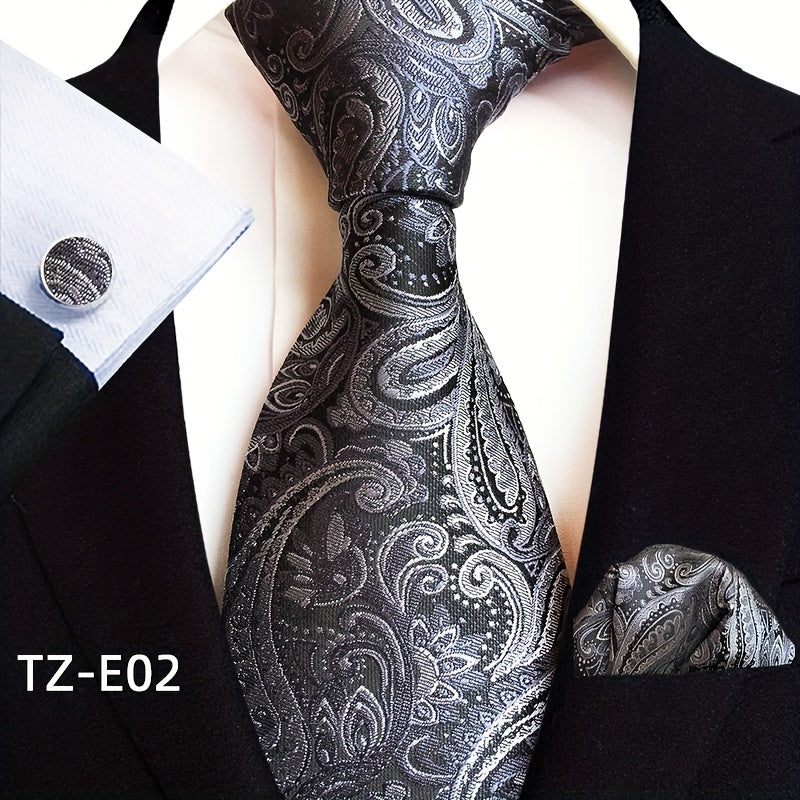 Set of 3 Paisley Jacquard Woven Neckties with Cufflinks and Pocket Squares for Men