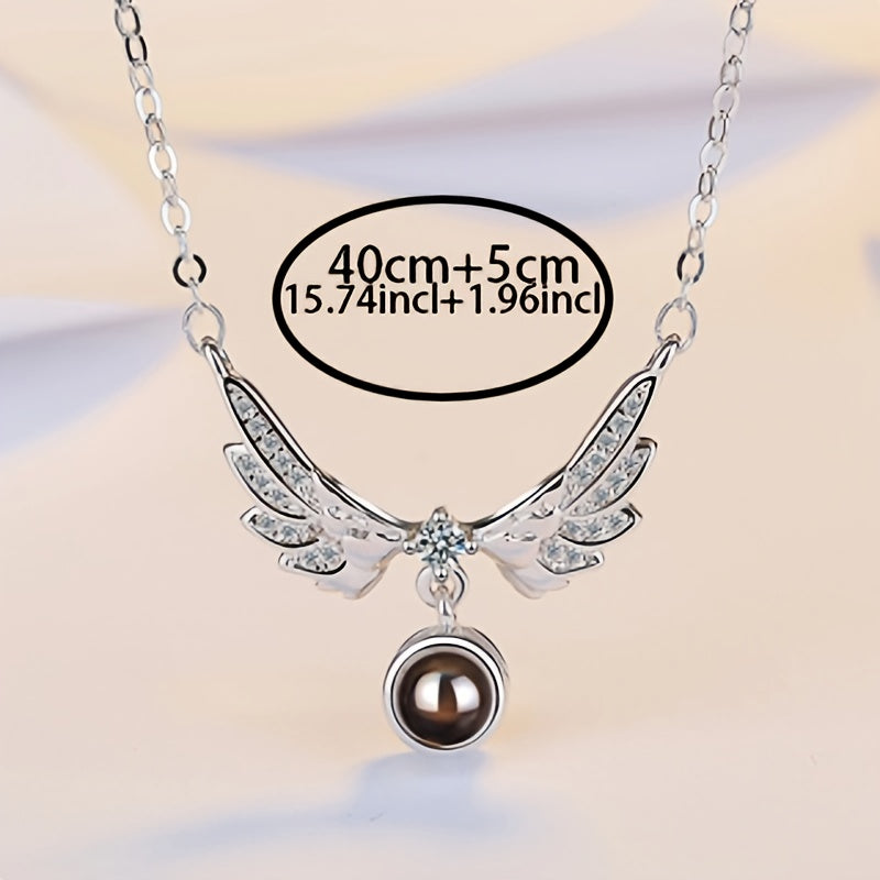 Silver-Plated Angel Wings Pendant Necklace with Cubic Zirconia Heart Charm Vintage Boho Jewelry