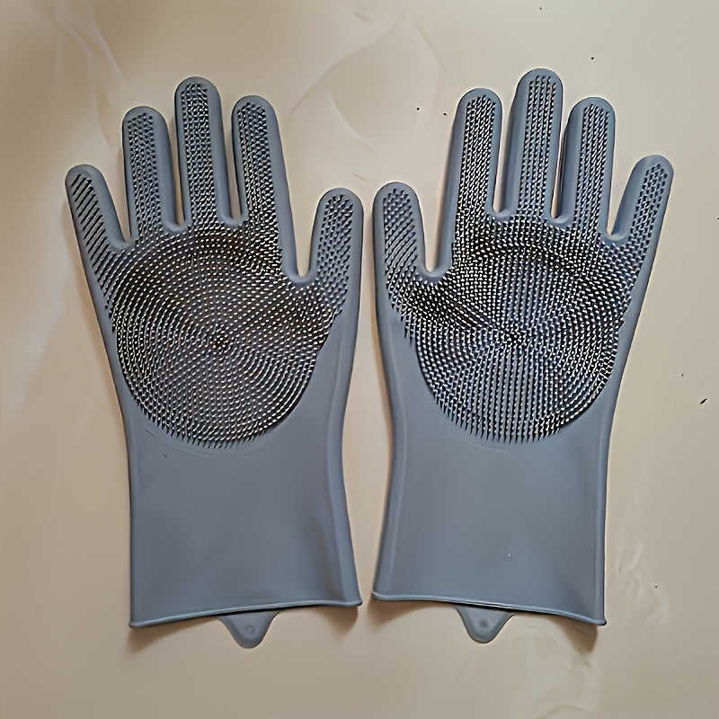 Guantes de silicona para lavar platos con cepillo de fregar incorporado, impermeables, resistentes al calor, gris