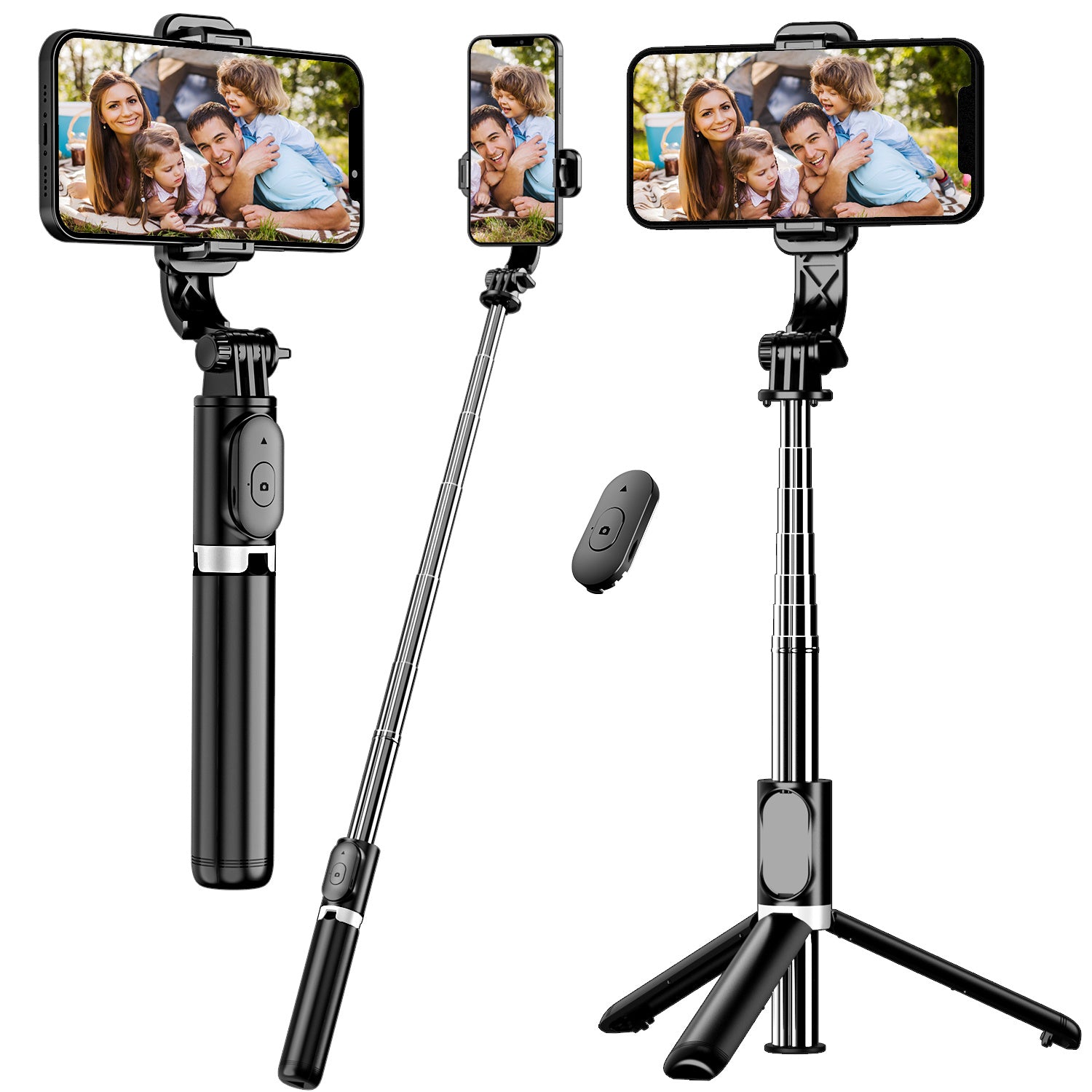 Turli xil smartfonlar uchun simsiz masofadan boshqarish pultiga ega bo'lgan cho'ziladigan selfie tayoqchasi tripod