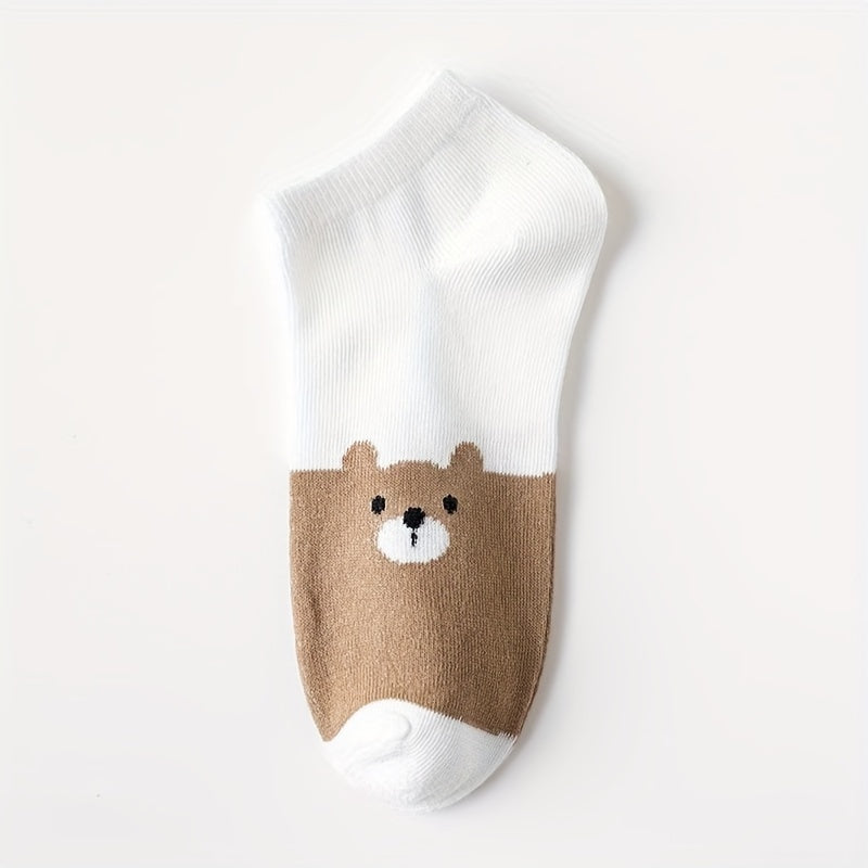 Women 5 Pairs Low Cut Ankle Socks Cartoon Bear Print Lightweight Cotton Socks