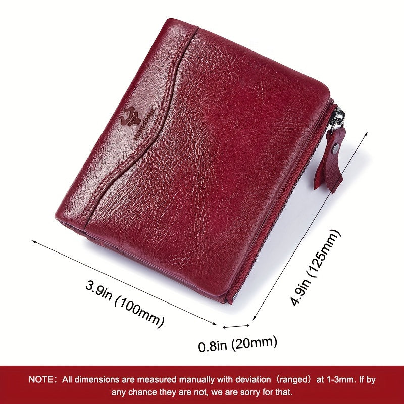 Women's RFID Blocking Red Leather Vintage Wallet with Zipper Closure