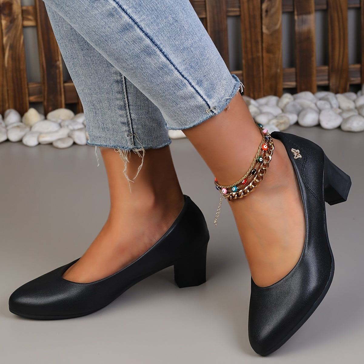 Women's Black Glossy PU Mary Jane Shoes with Bow, Mid-Block Heel