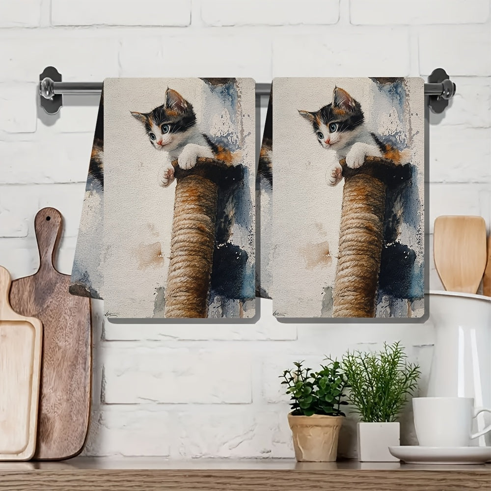 2 Ultra Soft Kitchen Towels Kitten Cat Tree Design 16x24 Inches Absorbent