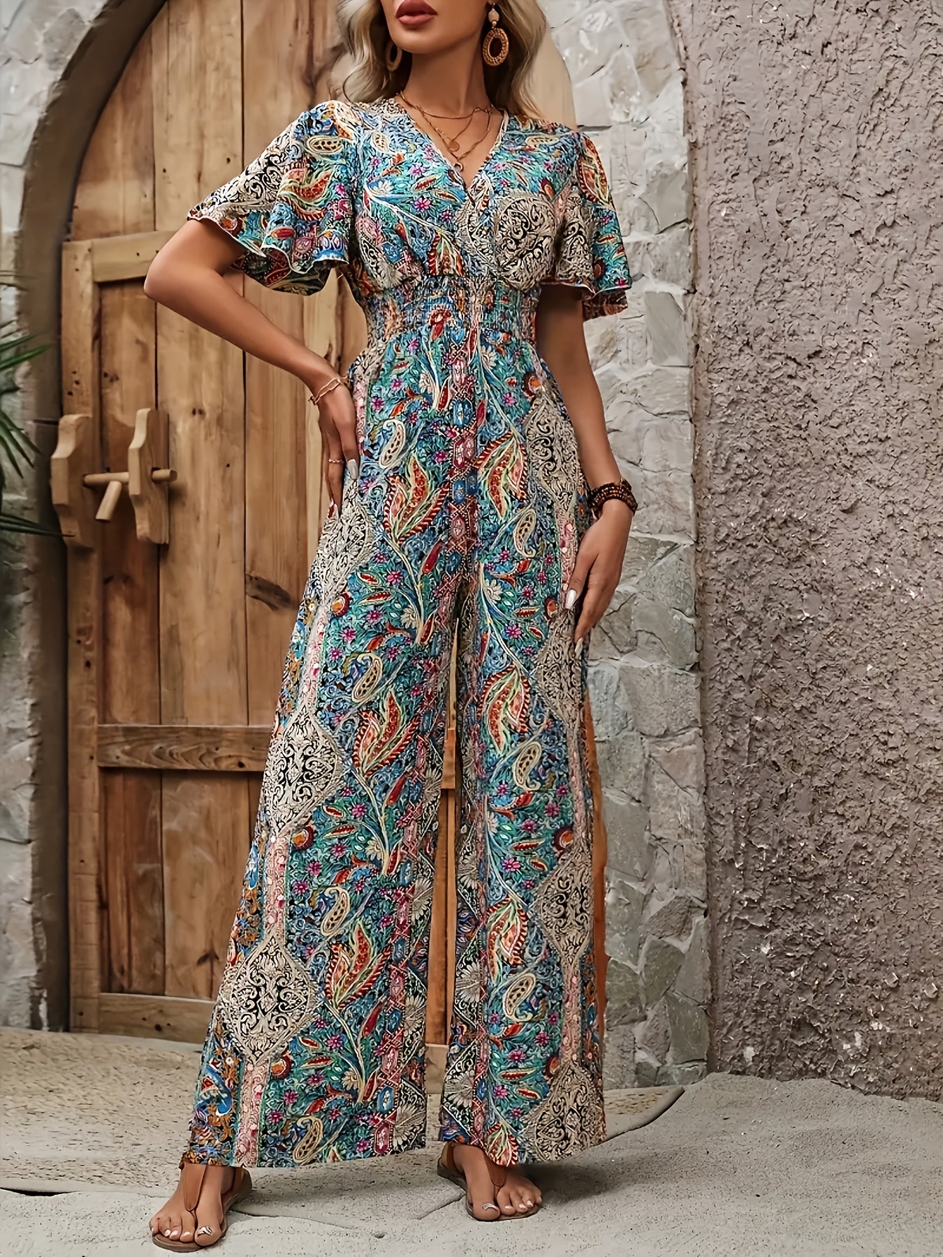 Plus Size Elegant V-Neck Cushion Woven Fabric Spring Summer Jumpsuit