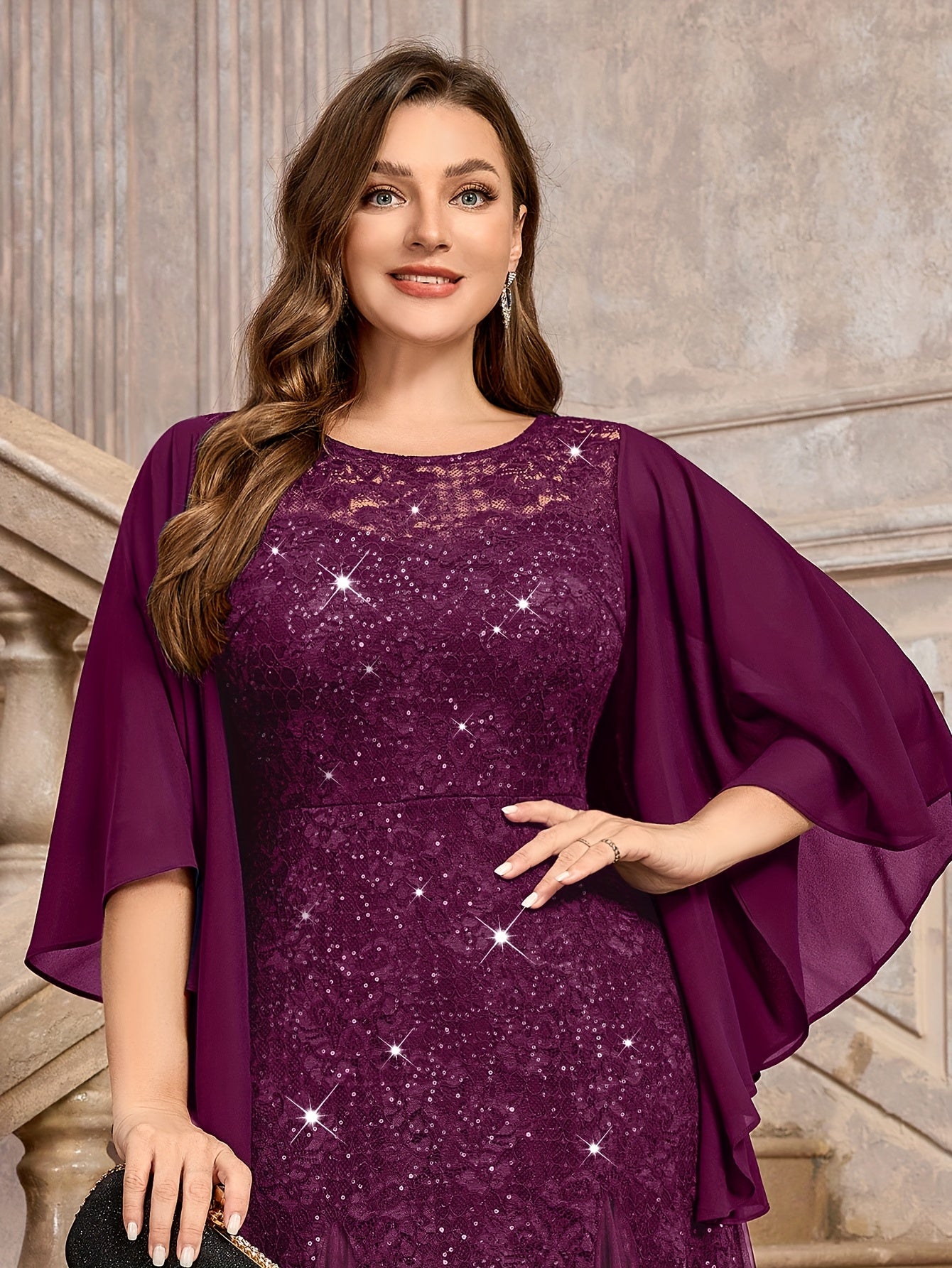 Elegant Floral Mermaid Dress with Butterfly Sleeves Sequin Lace Mesh Evening Gown