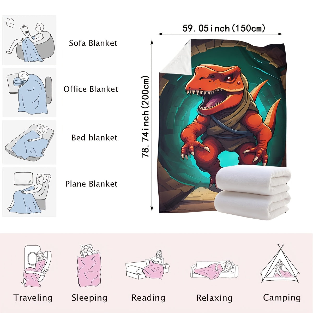Cartoon Dinosaur Print Knitted Polyester Throw Blanket for Kids and Adults