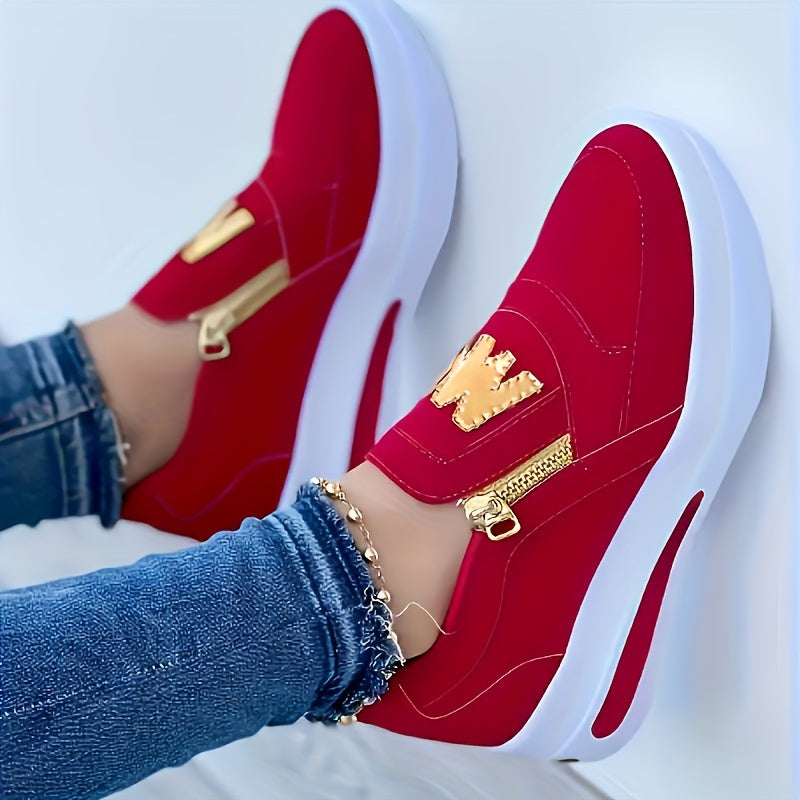 Women's Red Slip-On Sneakers with Zipper Low Top Lightweight PU Sole