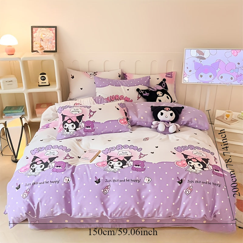 4-Piece Purple Cartoon Bedding Set with Quilt Cover Pillowcases and Sheet 200x230cm