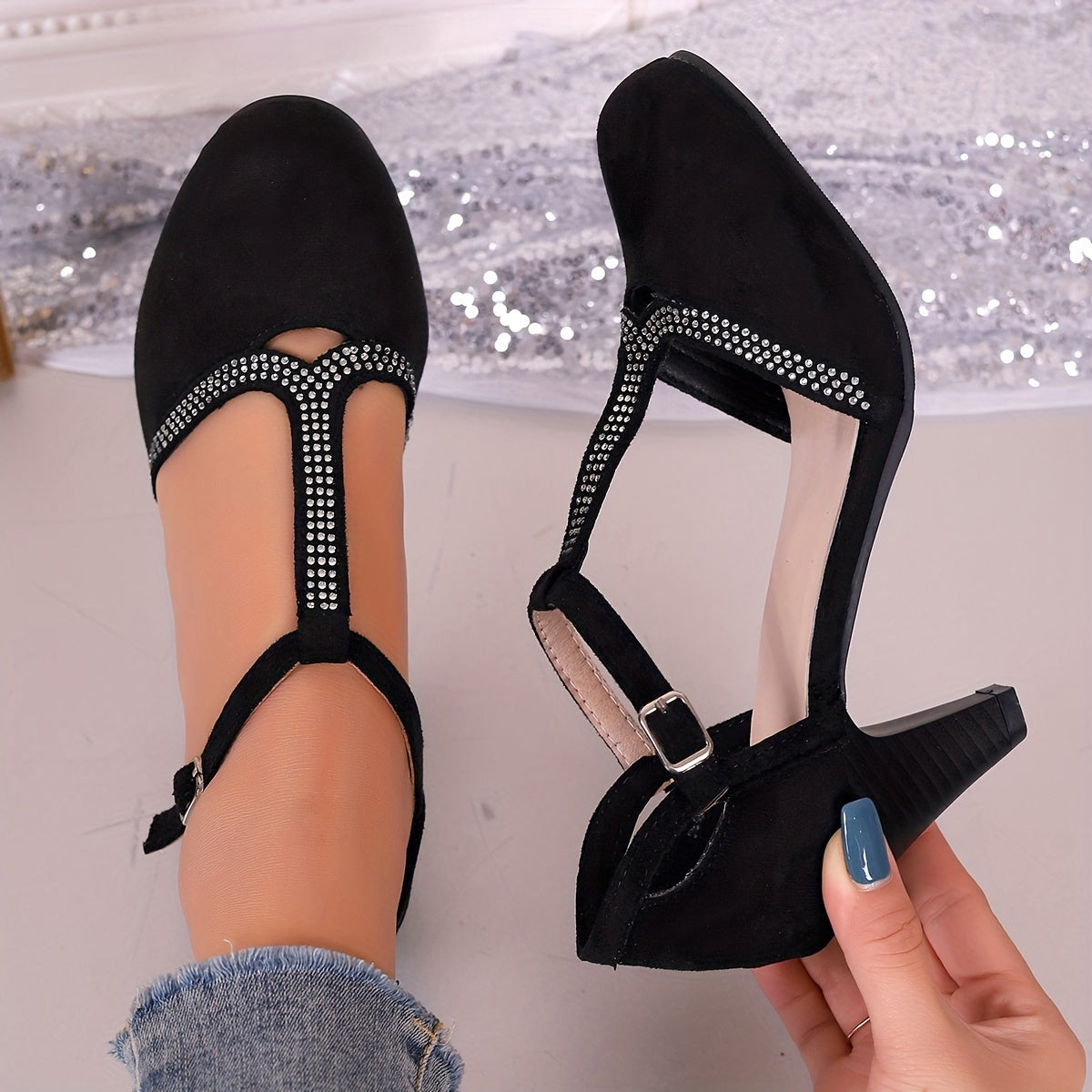 Women's Crystal Embellished Round Toe Pumps with Lightweight French Heel