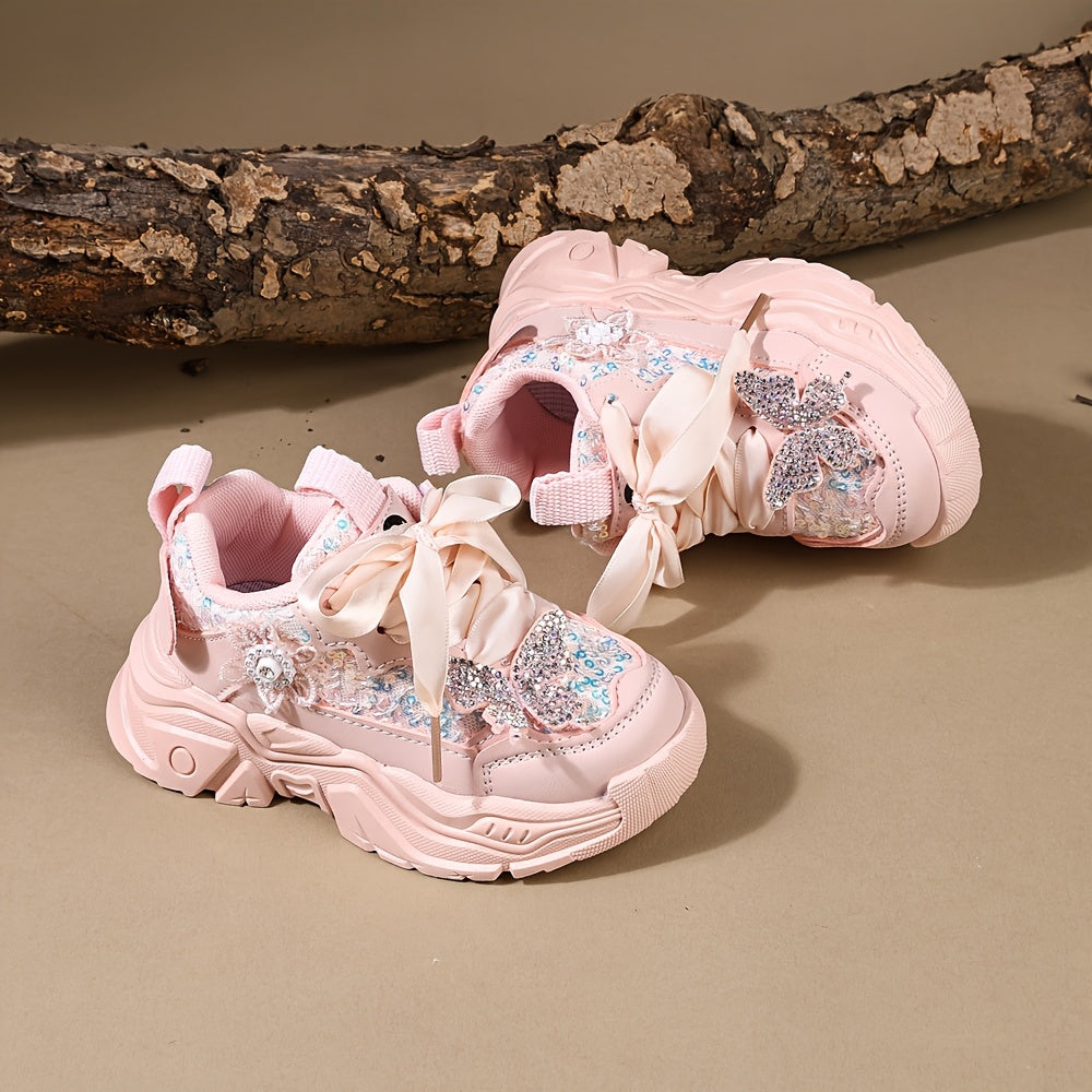 Girls' Casual Sneakers with Rhinestones and Butterfly Bow Lightweight Soft for Spring and Fall