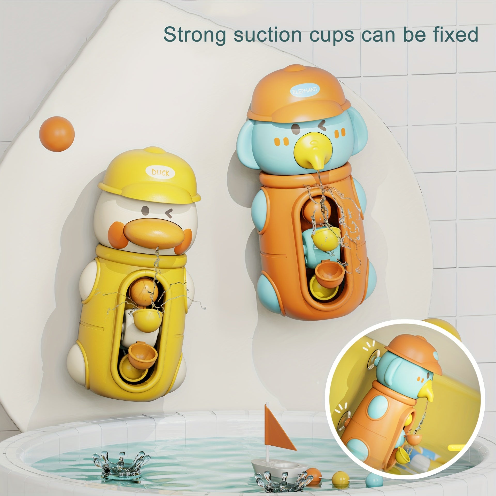 Bath Toys for Children 18M+ Duck and Elephant Waterwheel Spinner Suction Cup