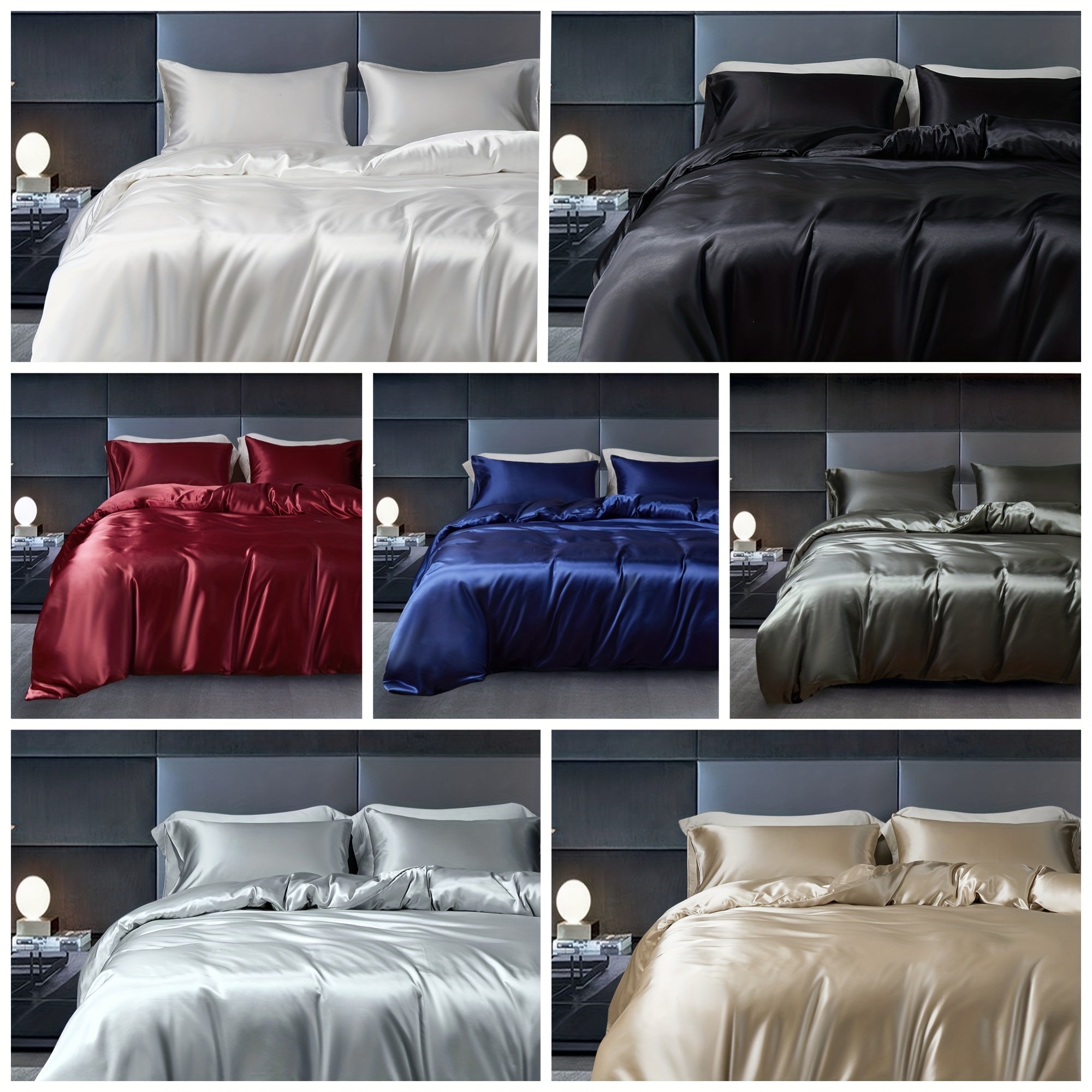 Luxury Satin Duvet Cover Set with Pillowcases Solid Color Bedding for Bedroom or Guest Room
