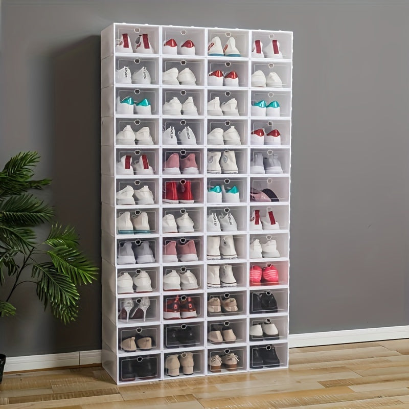 Juego de 12 grandes cajas de plástico blancas para almacenamiento de zapatos apilables con tapa abatible