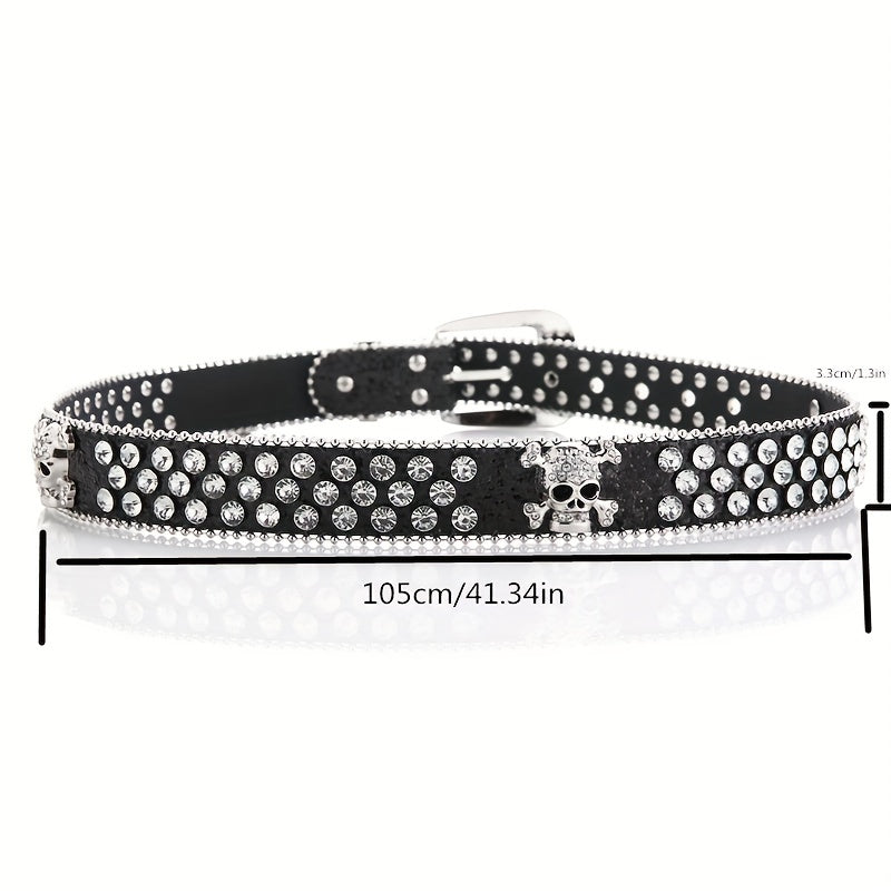 Cowboy Cowgirl Rhinestone Skull Rivet Belt Sequin PU for Hip Hop Jeans