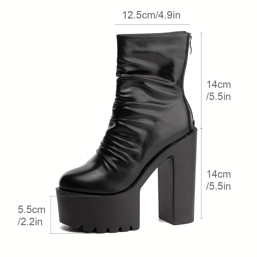 Women's Black Block Heeled Boots Round Toe Zipper Platform Shoes