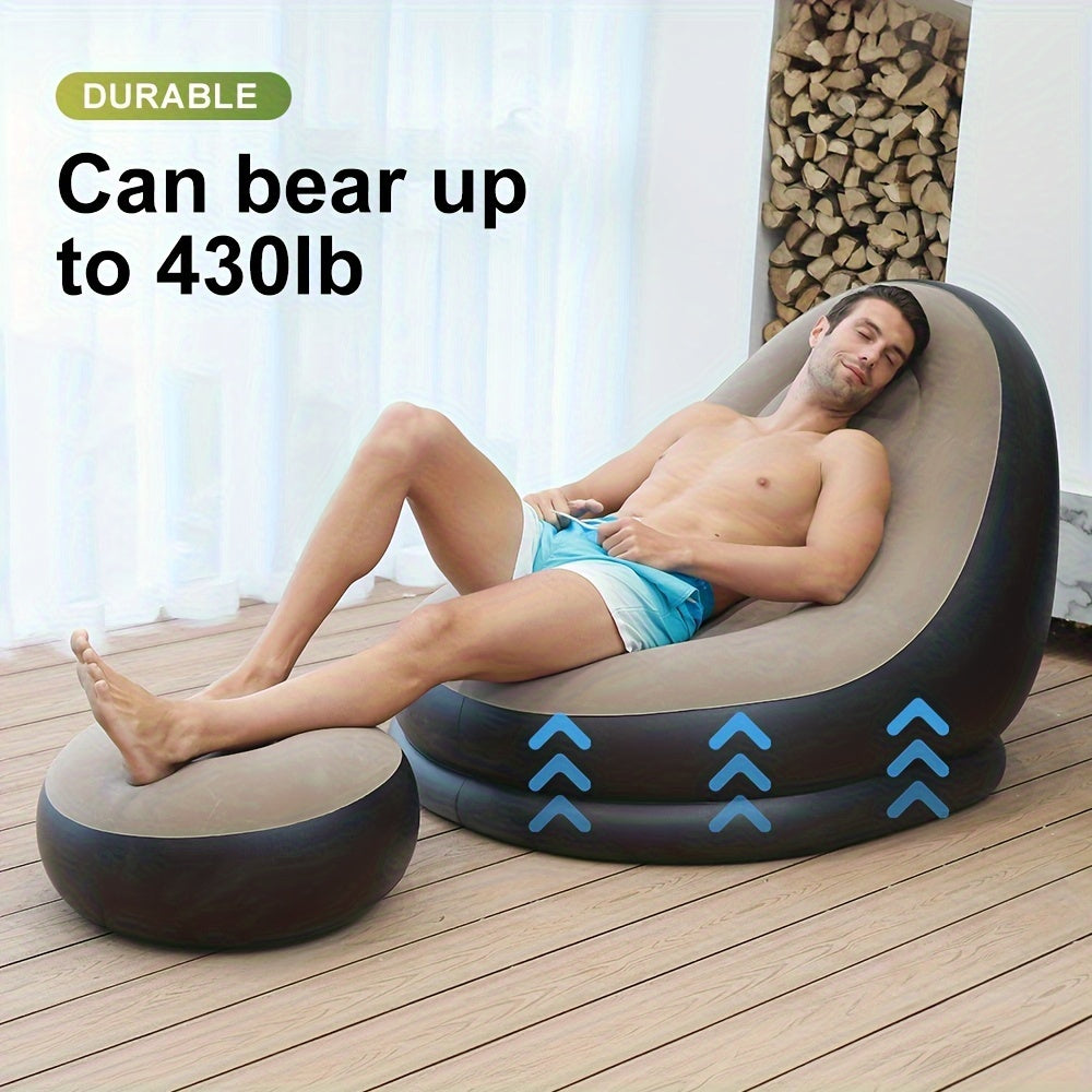 Sofá perezoso inflable con reposapiés, plegable, portátil, gris, para dormitorio, balcón, oficina, exterior, viajes y camping