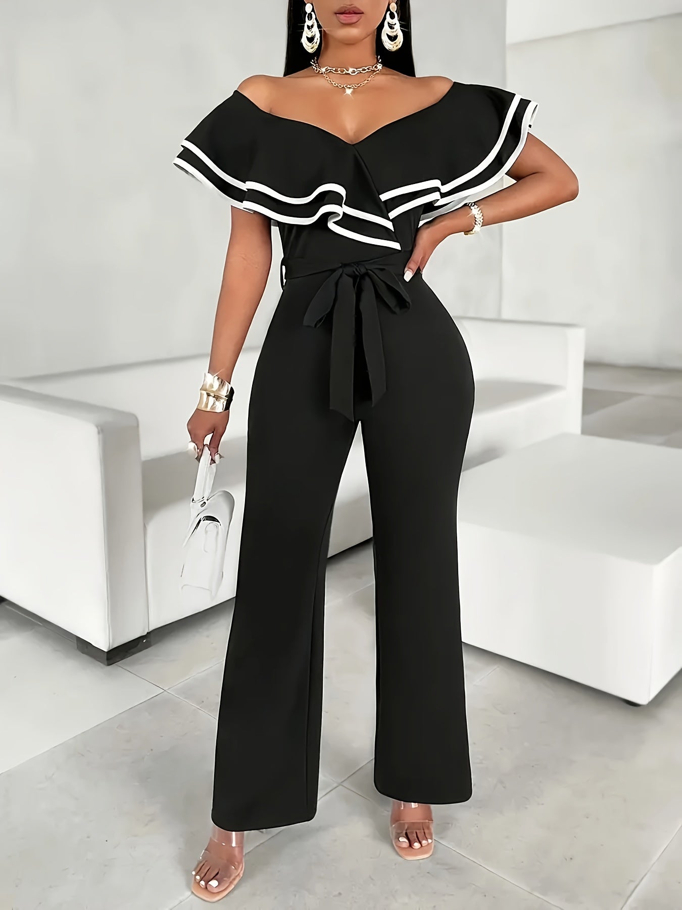 Women's Plus Size V-Neck Ruffle Sleeve Color Block Jumpsuit Black White
