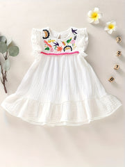 Baby Girl Cotton Dress with Ethnic Embroidery Ruffle Sleeveless Summer