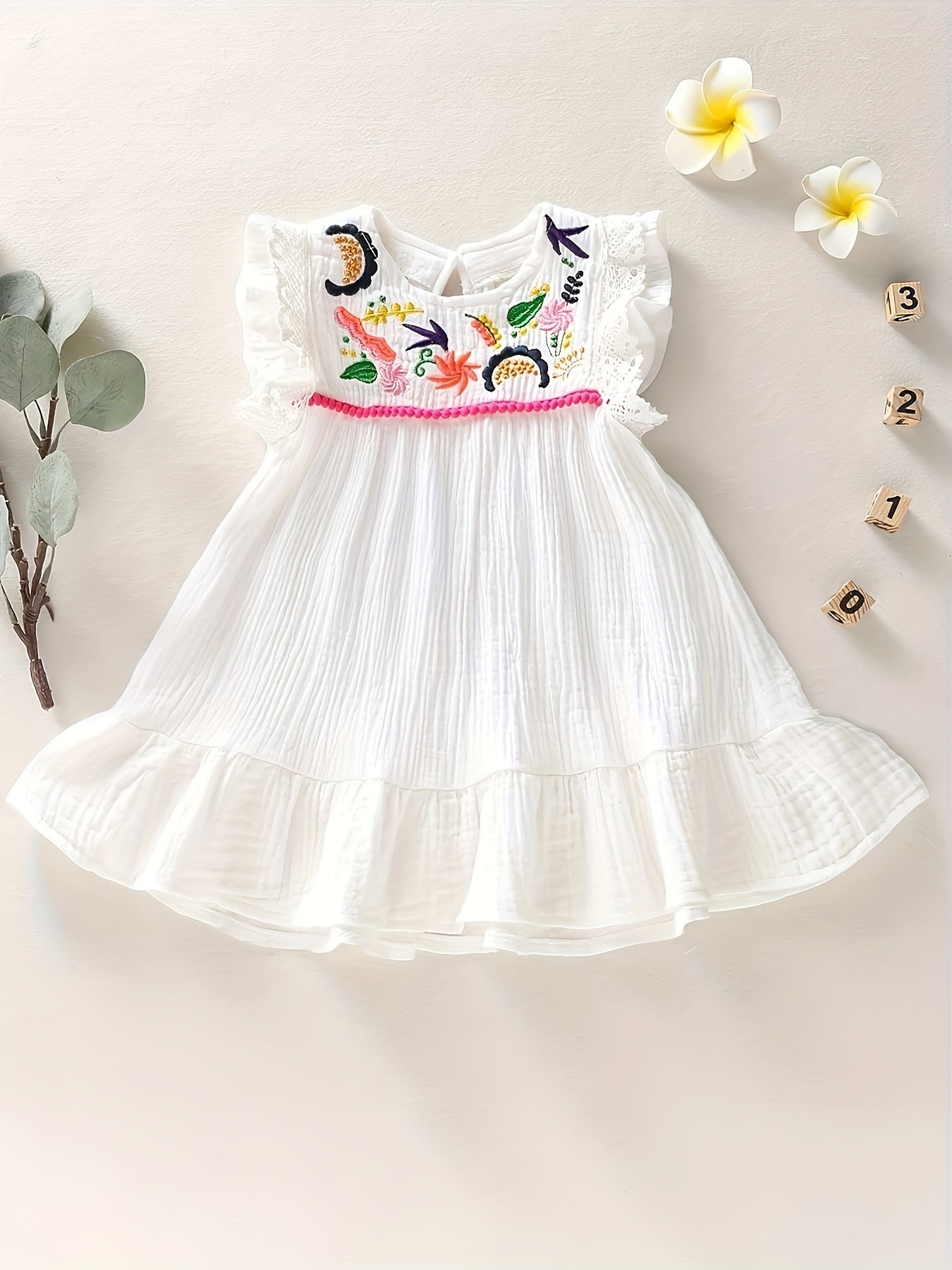 Baby Girl Cotton Dress with Ethnic Embroidery Ruffle Sleeveless Summer