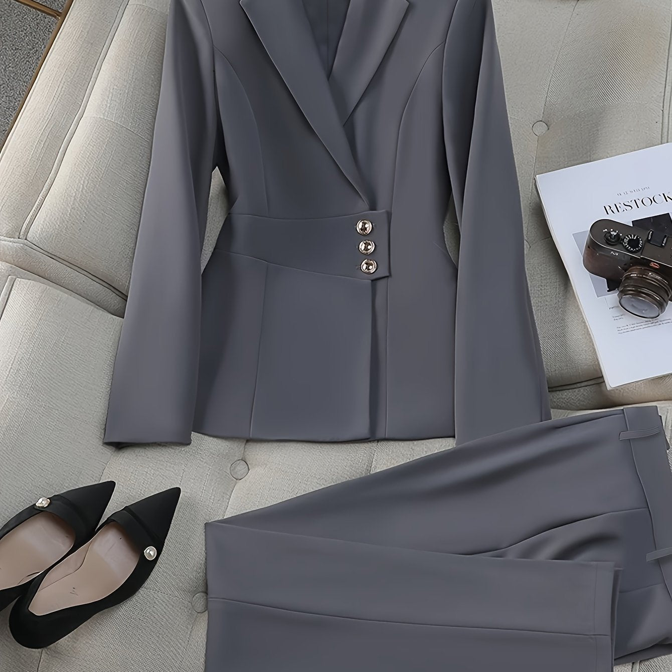 Women's Gray Office Suit Set Double-Breasted Blazer Slim-Fit Pants Polyester Spandex