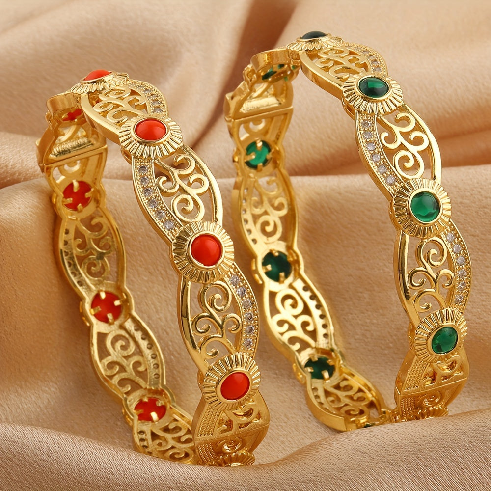 Women's Gold-Plated Copper Cuff Bracelet with Synthetic Stones and Zirconia Openwork Vintage Style Jewelry