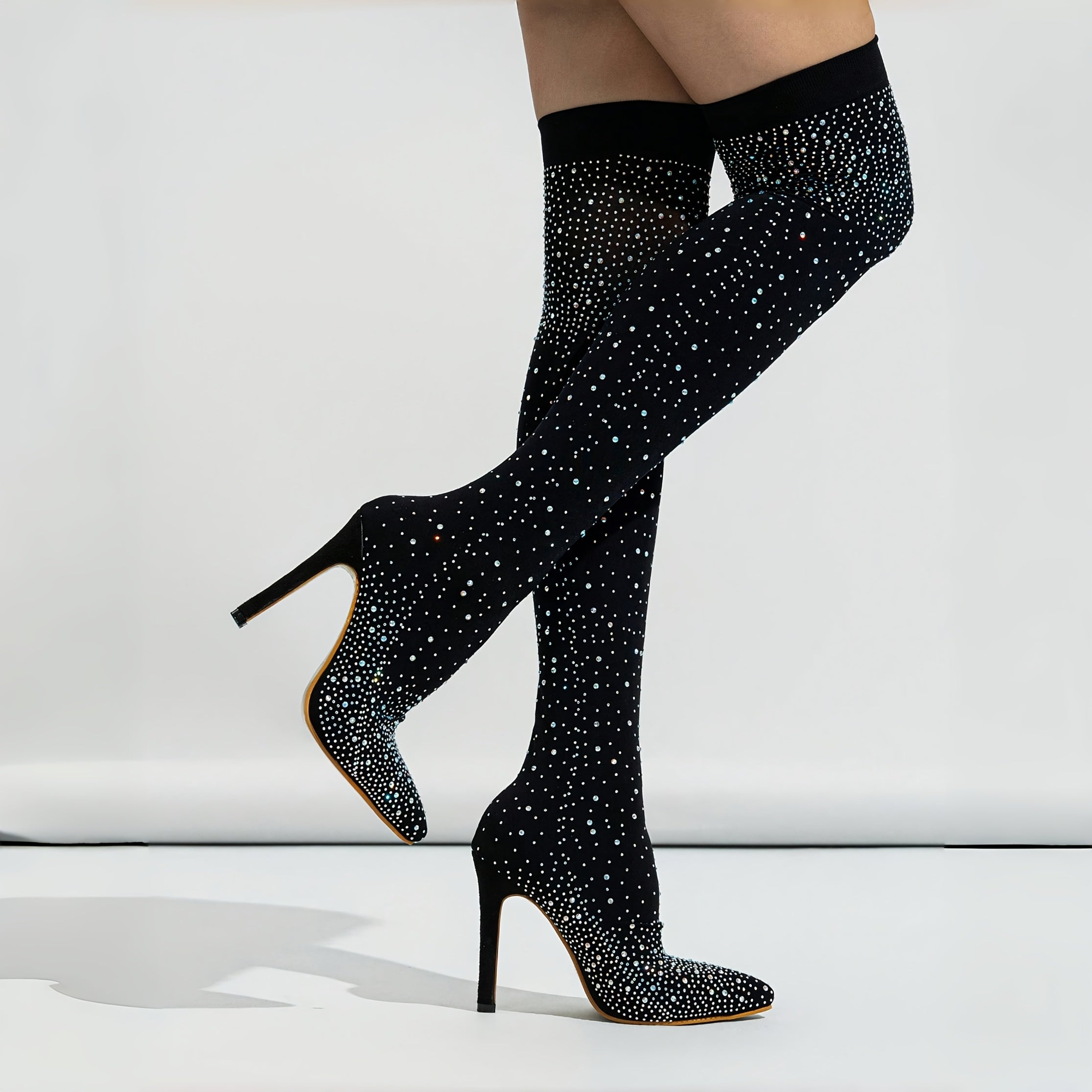 Women's Mesh Over-the-Knee Boots with Rhinestones Black Stiletto Heels