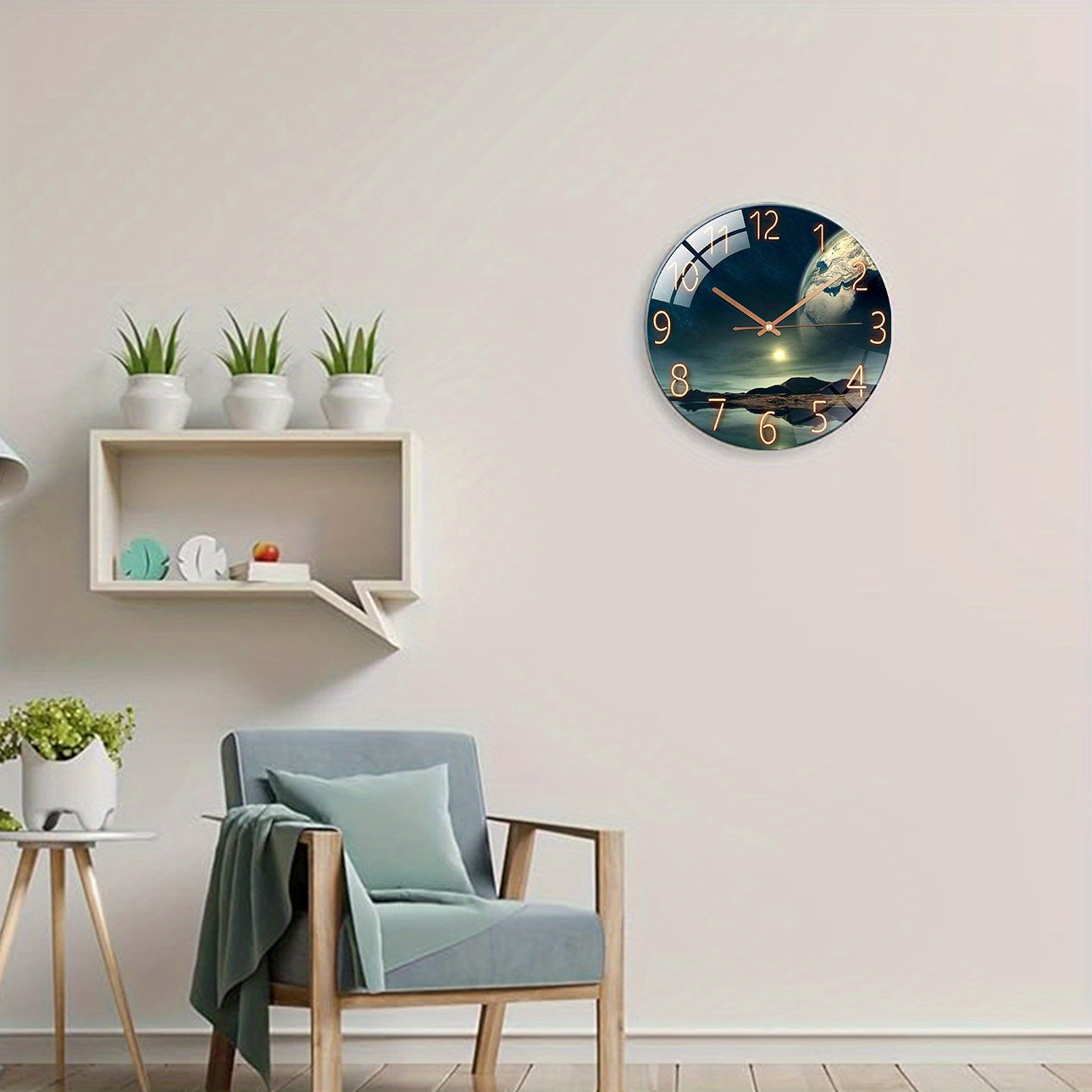 12 Inch Round Glass Wall Clock Earth Landscape Silent Battery Operated Modern Decor