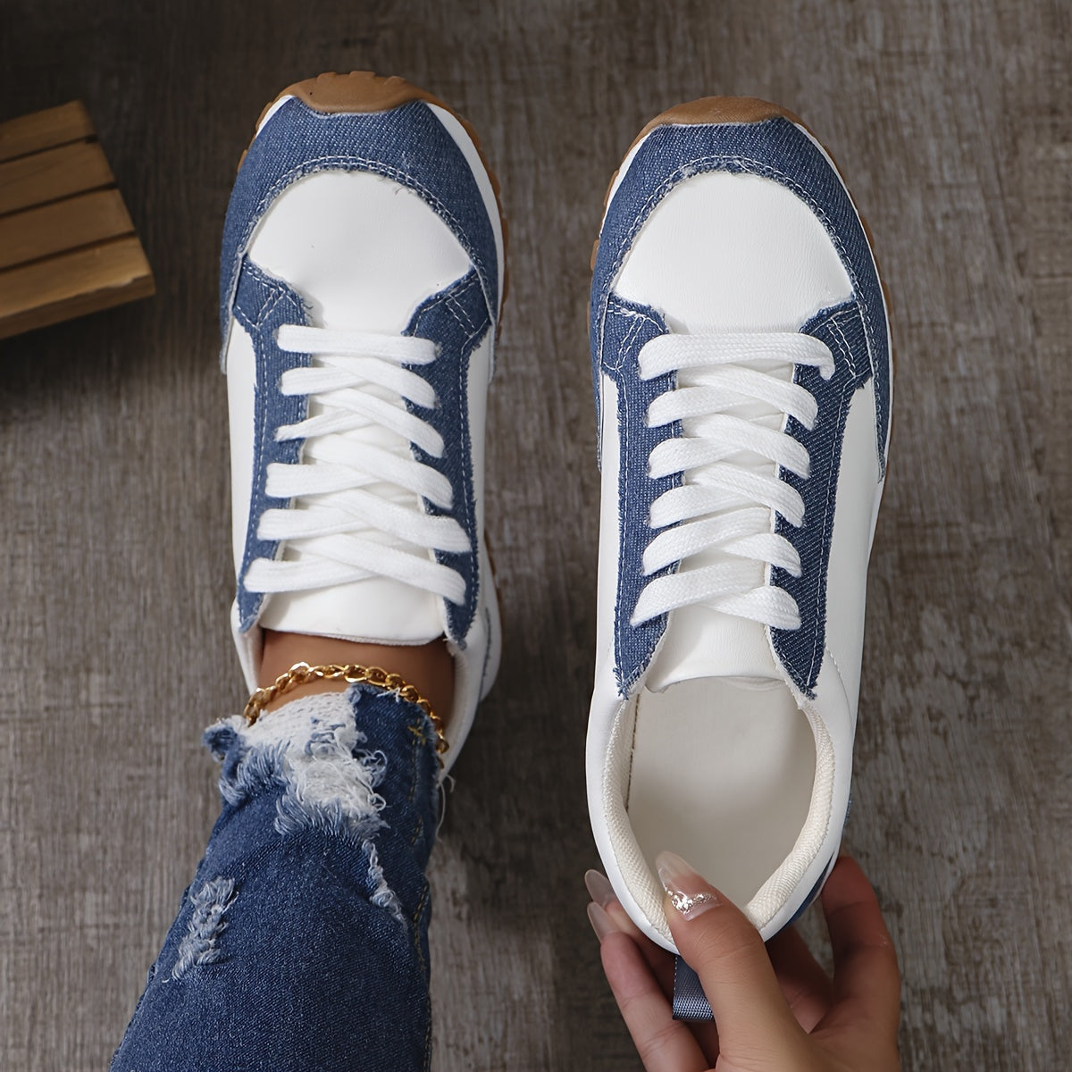 Women Blue Fabric and White PU Slip-On Sneakers Universal Breathable Low Top Comfort