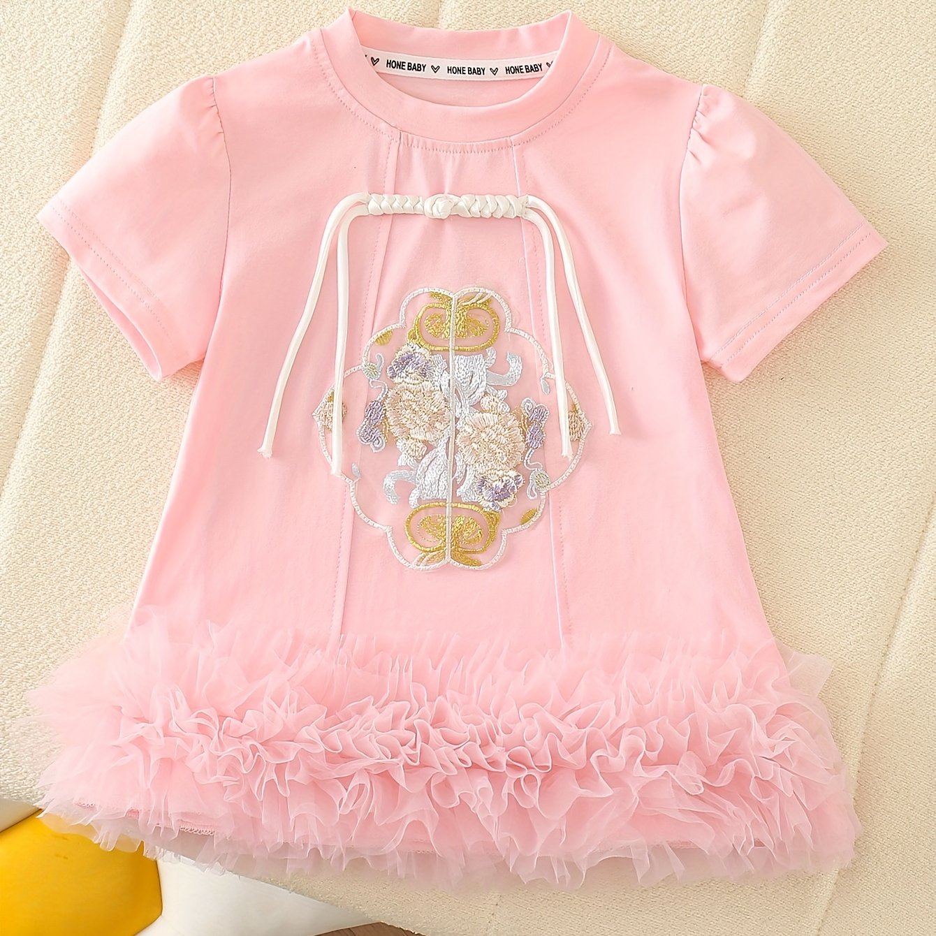 Girls Cotton Dress with Ruffle Hem Floral Pattern Summer Casual Knee Length