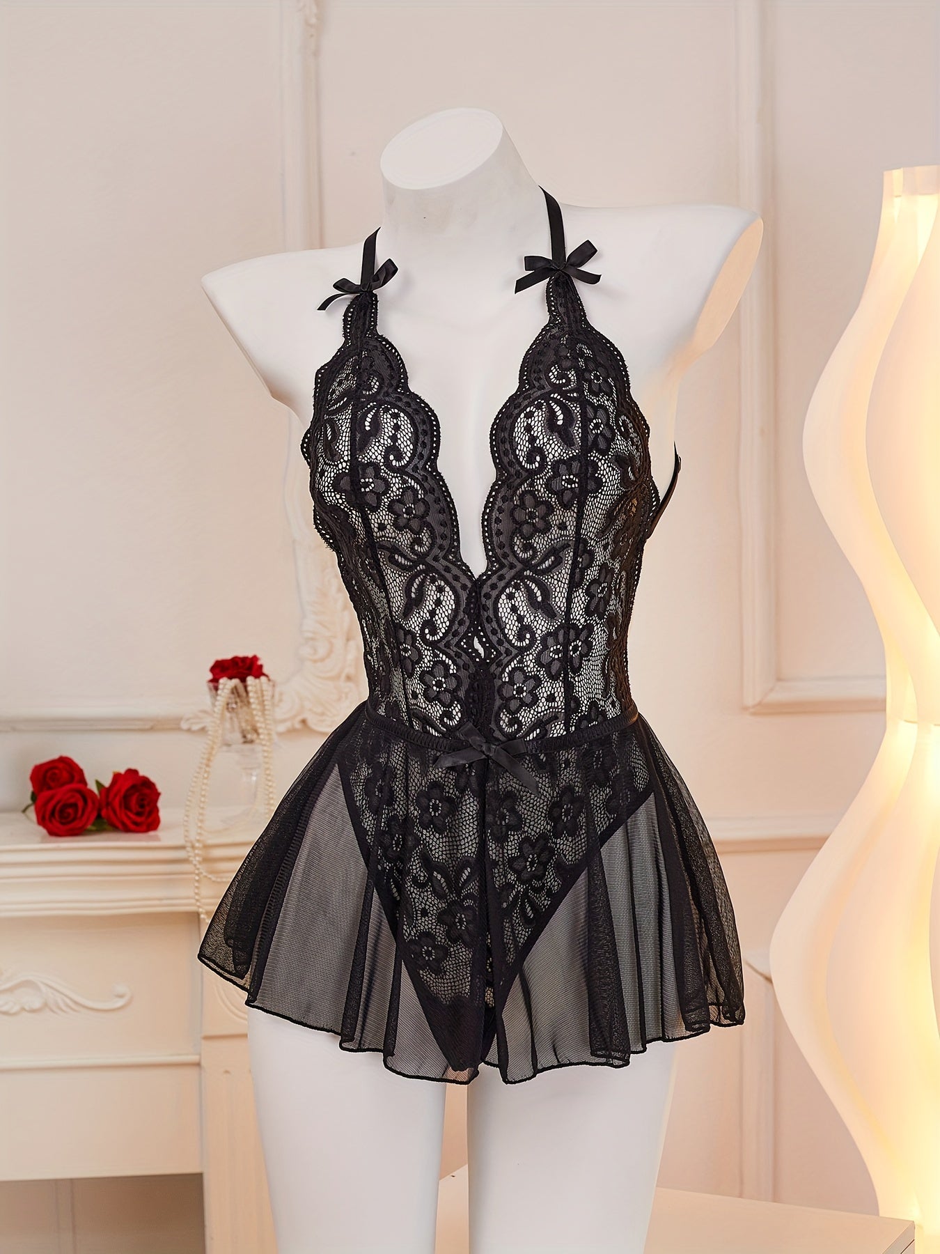 Women’s Lace Bodysuit Deep V Halter Backless Hollow Details Polyamide Elastane Solid