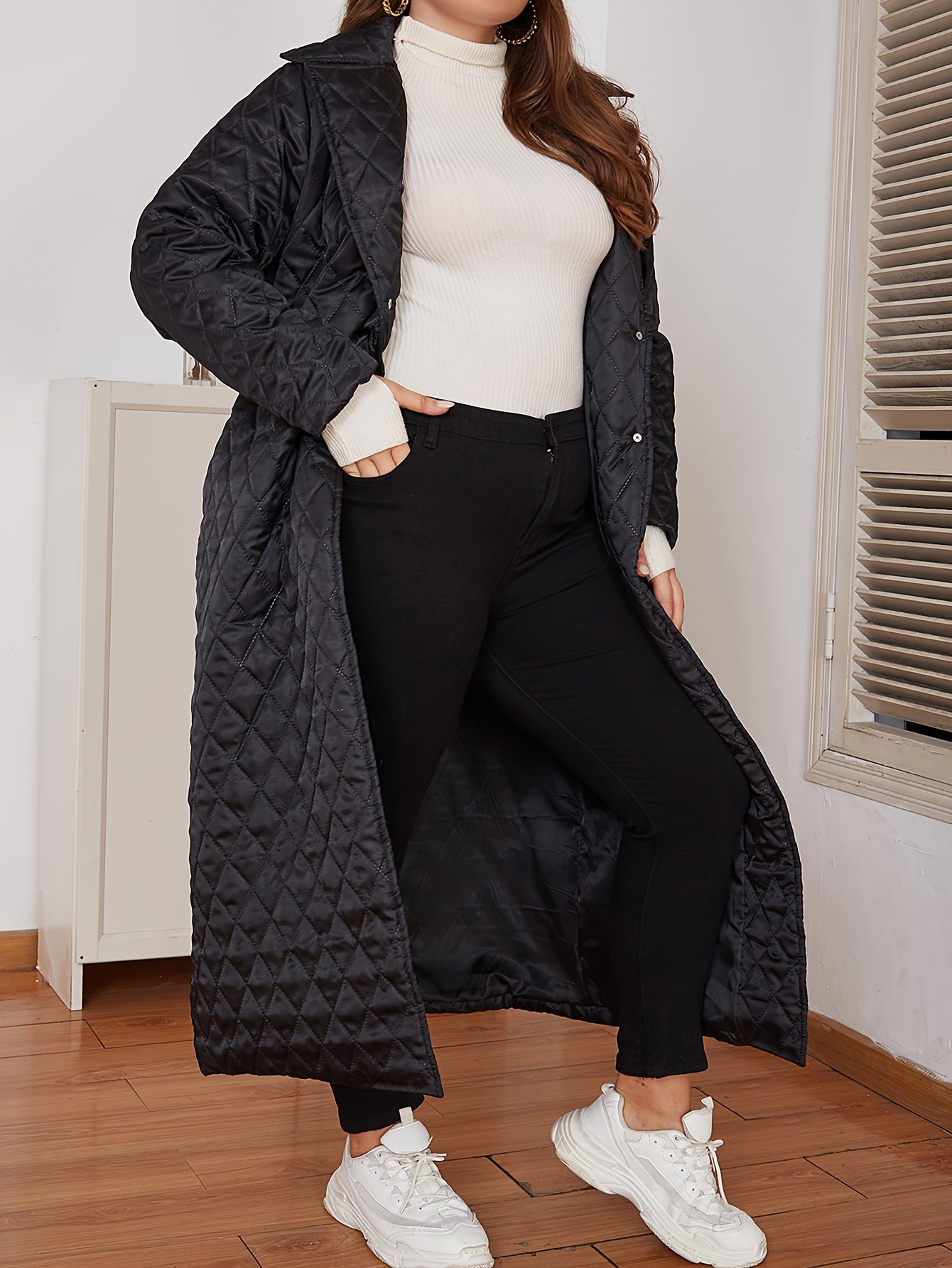 Plus Size Long Coat for Fall Winter Polyester V-Neck Solid Color Casual