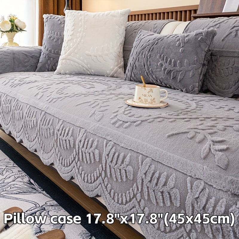 Beige Faux Rabbit Fur Sofa Cover for 1-4 Seaters with Floral Leaf Pattern Non-Slip Washable