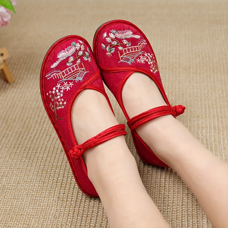 Zapatos de tela planos con bordado para mujer, slip-on, para uso diario