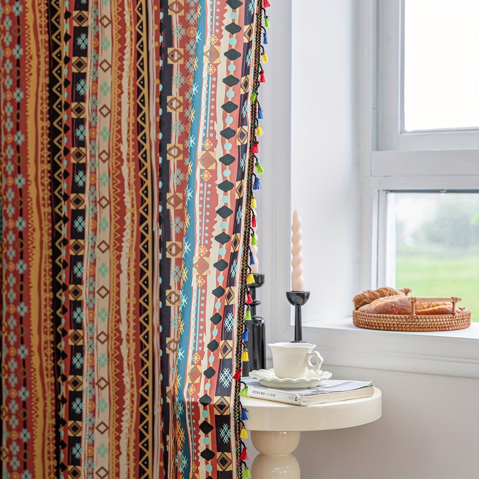 Set of 2 Boho Farmhouse Curtains with Multicolor Stripes and Tassels for Privacy and Sunshade