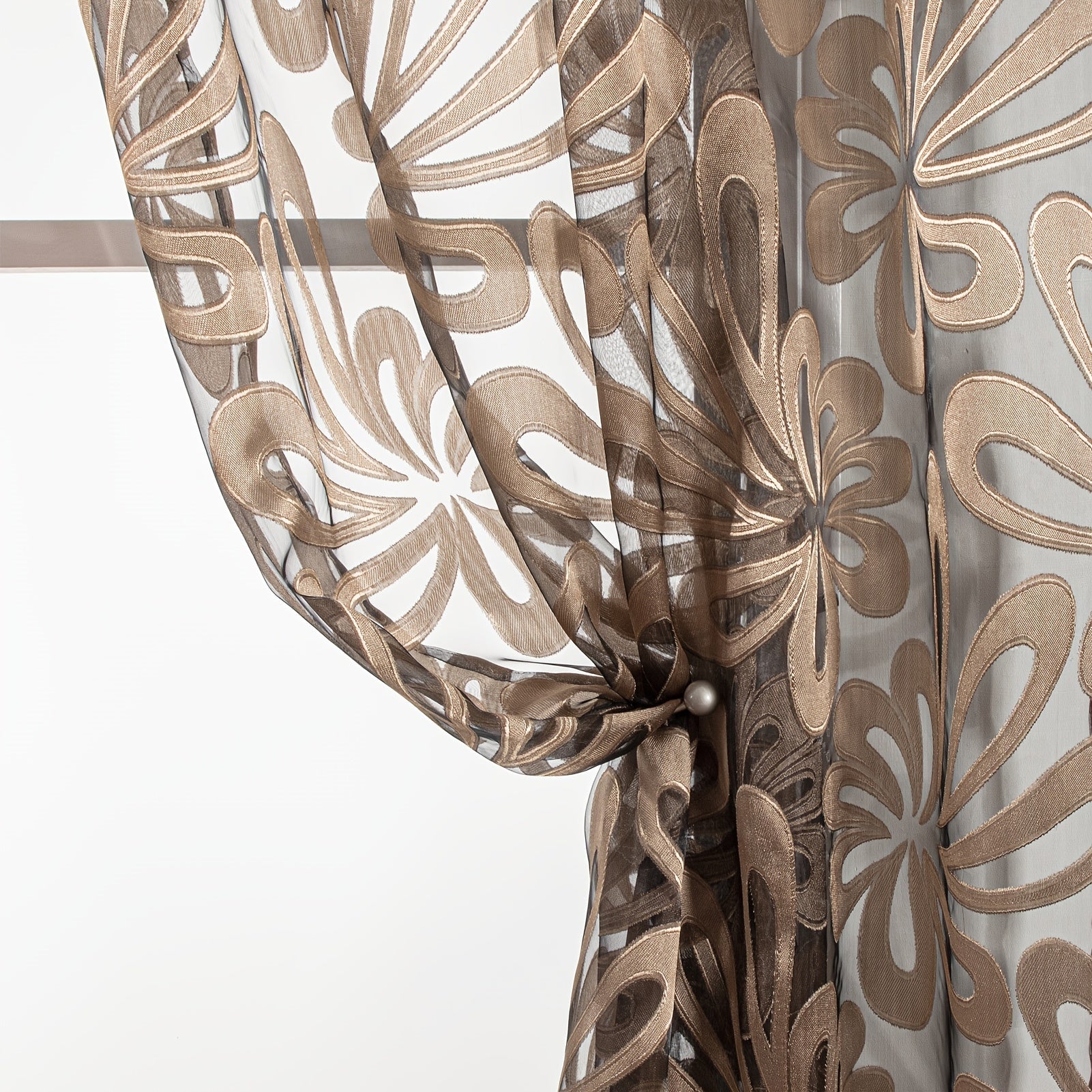 Geometric Sheer Curtain Panel Brown White Floral Jacquard Lightweight Polyester