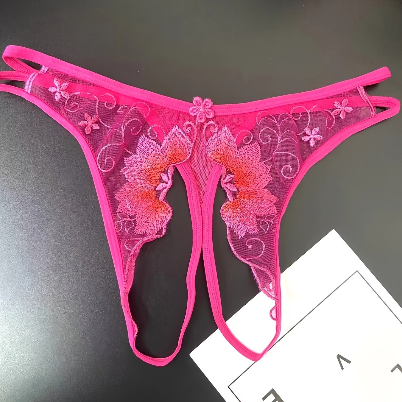 Women's Floral Embroidered Mesh Thongs with Open Crotch Sexy Lingerie