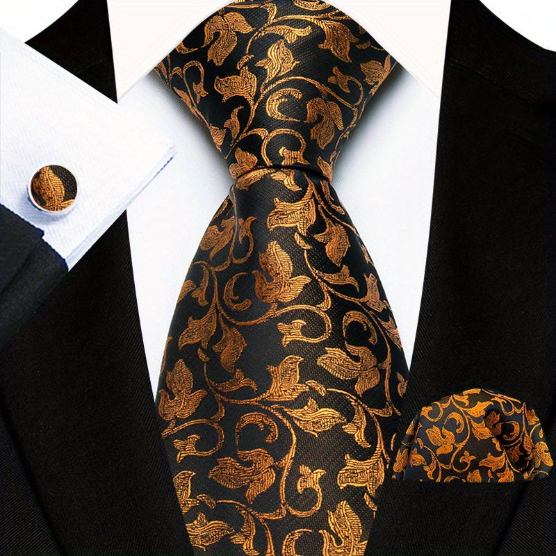 Men's Floral Plaid Necktie and Handkerchief Clip Set for Business and Weddings